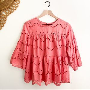 Simply Southern Coral Pink Eyelet Lace Baby Doll Scalloped 3/4 Sleeve Shirt NWT